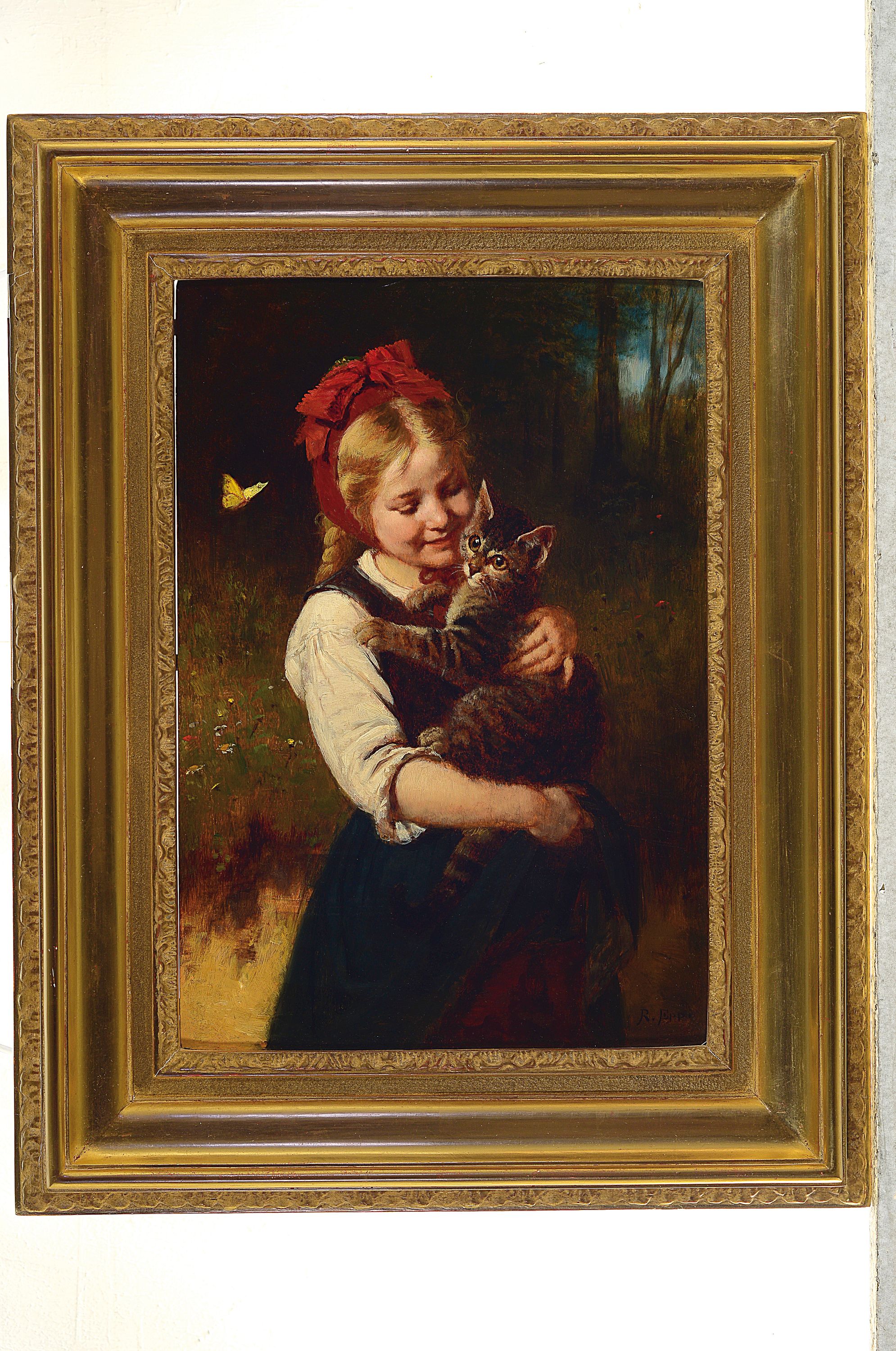 Detail k: Rudolf Epp, 1834 Eberbach-1910 München, Mädchen mit Katze und Schmetterling, Öl/Holz (Platte leicht gewölbt), rechts unten signiert, ca. 37x26cm, ...