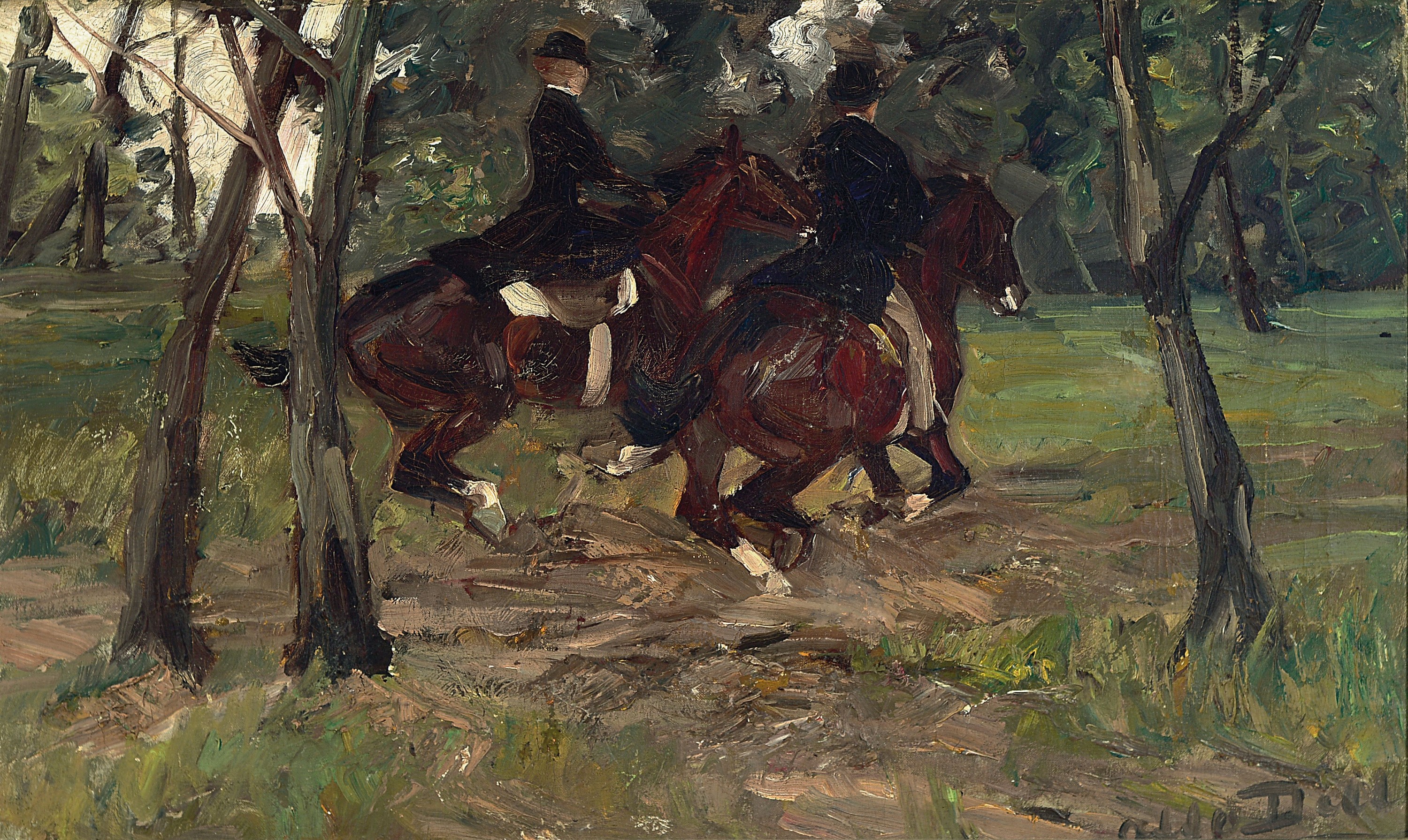 Otto Dill, 1884 Neustadt/Wstr.-1957 Bad Dürkheim, Reiterpaar im Wald, Öl/Lwd, entstanden in den 1920er Jahren, rechts unten signiert, ca. 45x75cm, ...