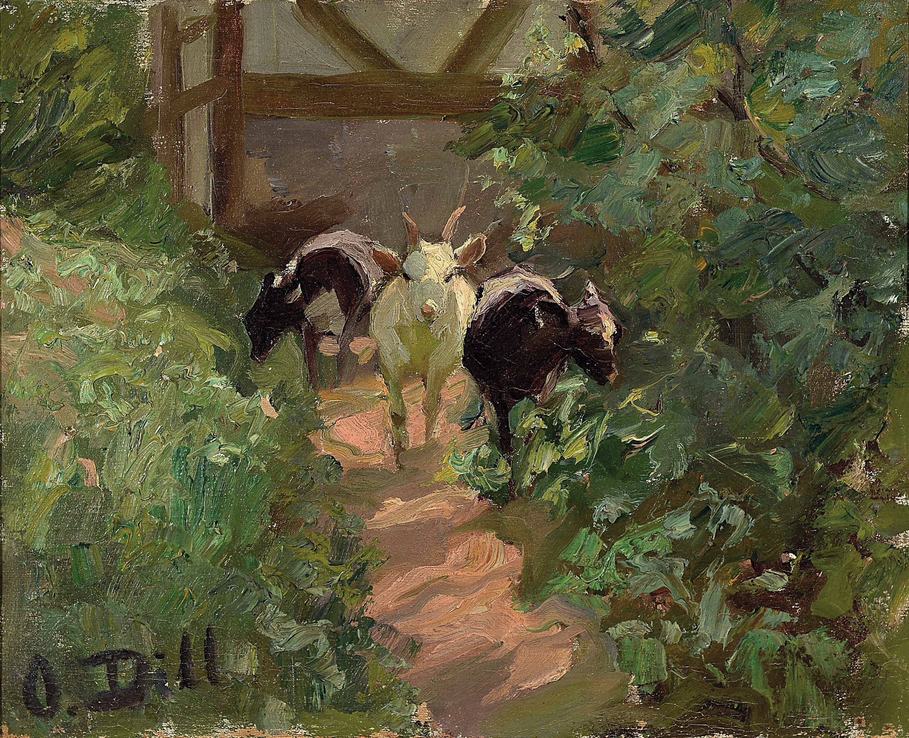 Otto Dill, 1884 Neustadt/Wstr.-1957 Bad Dürkheim, drei Ziegen im Garten, Frühwerk vor 1917, offenbare Nähe zu Dills Lehrer Heinrich von Zügel, ...