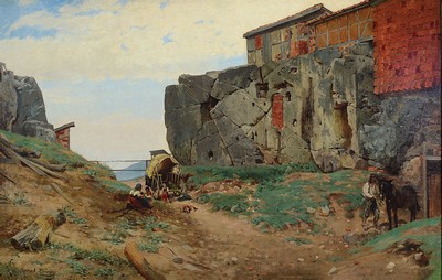 Image 26763431 - Conrad Ludwig Lessing, 1852 Düsseldorf-1916 Berlin, resting family with donkey and wagon in front of a city in the rocks, oil/wood, signed lower left, approx. 56x88cm, frame approx. 66x98cm