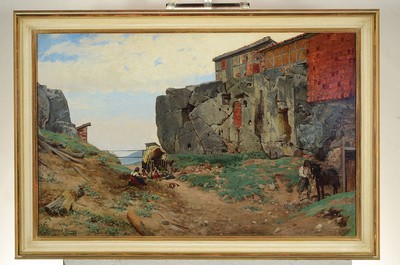 26763431k - Conrad Ludwig Lessing, 1852 Düsseldorf-1916 Berlin, resting family with donkey and wagon in front of a city in the rocks, oil/wood, signed lower left, approx. 56x88cm, frame approx. 66x98cm
