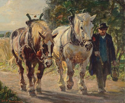 Image 26763435 - Julius Paul Junghanns, 1876 Vienna-1958 Düsseldorf, farmer with horse and carriage, oil/canvas, signed lower left, approx. 50x60xm, pomp frame approx. 76x86cm