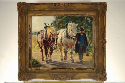 26763435k - Julius Paul Junghanns, 1876 Vienna-1958 Düsseldorf, farmer with horse and carriage, oil/canvas, signed lower left, approx. 50x60xm, pomp frame approx. 76x86cm