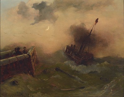 Image 26763444 - Andreas Achenbach, 1815 Kassel-1910 Düsseldorf, sailing ship in distress under a pale crescent moon, oil/canvas, signed lower left and dated 89, approx. 36x46cm, baroque style frame approx. 52x63cm, Andreas Achenbachwas one of the most successful painters of theDüsseldorf school, studied from the DüsseldorfAcademy, went on numerous study trips and received numerous awards
