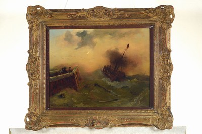 26763444k - Andreas Achenbach, 1815 Kassel-1910 Düsseldorf, sailing ship in distress under a pale crescent moon, oil/canvas, signed lower left and dated 89, approx. 36x46cm, baroque style frame approx. 52x63cm, Andreas Achenbachwas one of the most successful painters of theDüsseldorf school, studied from the DüsseldorfAcademy, went on numerous study trips and received numerous awards