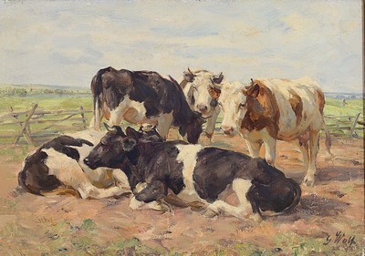 Image 26763455 - Georg Wolf, 1882 Niederhausbergen-1962 Uelzen,5 cows on pasture, oil/canvas, signed lower right, approx. 36x50cm, pomp frame approx. 54x68cm