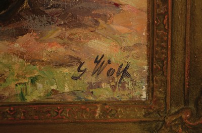 26763455a - Georg Wolf, 1882 Niederhausbergen-1962 Uelzen,5 cows on pasture, oil/canvas, signed lower right, approx. 36x50cm, pomp frame approx. 54x68cm