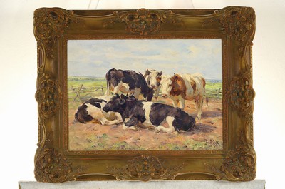 26763455k - Georg Wolf, 1882 Niederhausbergen-1962 Uelzen,5 cows on pasture, oil/canvas, signed lower right, approx. 36x50cm, pomp frame approx. 54x68cm