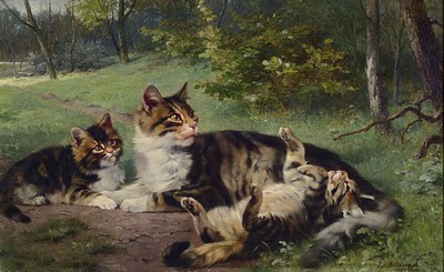 Image 26763465 - Julius Adam II., 1852-1913 Munich, cat with two kittens on the meadow, oil/canvas, signed lower right, approx. 38x60cm, frame approx. 53x77cm, Julius Adam was born into a family ofartists as the grandson of the horse painter Albrecht Adam and the son of Julius Adam. Since the mid-1880s he has painted almost exclusively cats, which earned him the nickname Katzenraffael or also Katzenadam