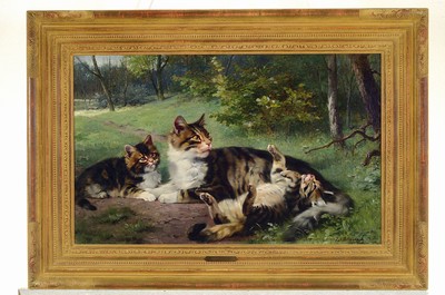 26763465k - Julius Adam II., 1852-1913 Munich, cat with two kittens on the meadow, oil/canvas, signed lower right, approx. 38x60cm, frame approx. 53x77cm, Julius Adam was born into a family ofartists as the grandson of the horse painter Albrecht Adam and the son of Julius Adam. Since the mid-1880s he has painted almost exclusively cats, which earned him the nickname Katzenraffael or also Katzenadam