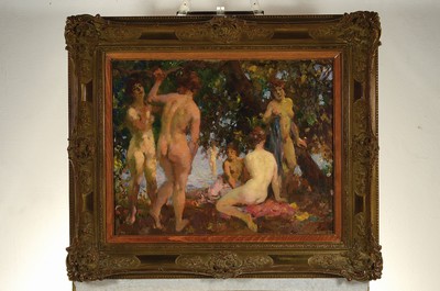 26763469k - Paul Paede, 1868 Berlin-1929 Munich, 6 women bathing on a tree-lined bank, oil/canvas, signed lower right, approx. 47x60cm, frame approx. 69x81cm, Studies at the academy Munich with Löfftz