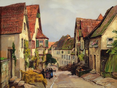 Image 26763470 - Georg Macco, 1863 Aachen-1933 Genoa, view in avillage street, mixed media on paper, signed lower right and dated 1923, approx. 39x52cm, under glass, frame approx. 57x70cm