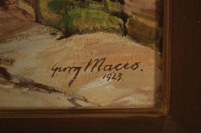 26763470a - Georg Macco, 1863 Aachen-1933 Genoa, view in avillage street, mixed media on paper, signed lower right and dated 1923, approx. 39x52cm, under glass, frame approx. 57x70cm