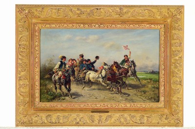 26763471k - Adolf van the Venne, 1828 Vienna-1911 Schweinfurt, rural bridal procession on horse-drawn carriage, oil/canvas, signed lowerright and dated 1888, approx. 28x45cm, frame approx. 45x62cm