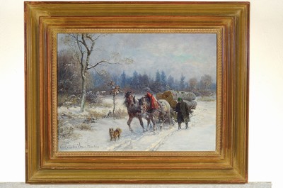 26763472k - Fritz van the Venne, 1973-1936 Munich, farmer with wooden cart in wintry landscape, on the back on old label titled: Holztransport in Winter, oil/wood, signed lower left and inscribed Munich, approx. 35x45cm, frame approx. 50x60cm