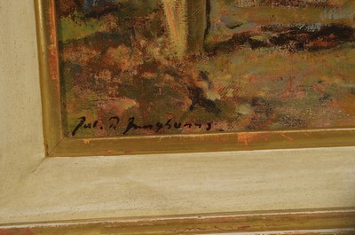 26763473a - Julius Paul Junghanns, 1876 Vienna-1958 Düsseldorf, farmer with horse-drawn cart and foal running alongside, oil/canvas, signed lower left, approx. 24x35cm, frame approx. 41x52cm
