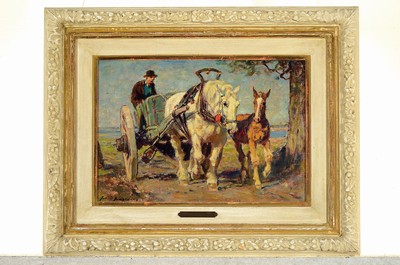 26763473k - Julius Paul Junghanns, 1876 Vienna-1958 Düsseldorf, farmer with horse-drawn cart and foal running alongside, oil/canvas, signed lower left, approx. 24x35cm, frame approx. 41x52cm