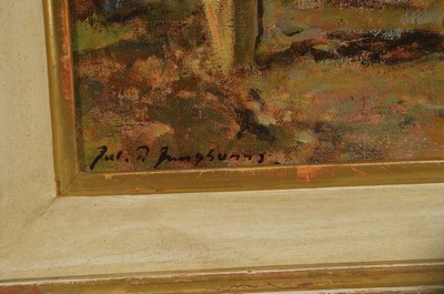 26763473l - Julius Paul Junghanns, 1876 Vienna-1958 Düsseldorf, farmer with horse-drawn cart and foal running alongside, oil/canvas, signed lower left, approx. 24x35cm, frame approx. 41x52cm
