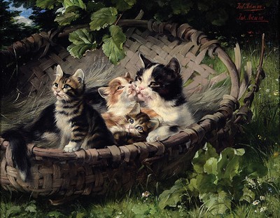 Image 26763477 - Julius Adam II., 1852-1913 Munich, cat with three kittens in a wicker basket, oil/canvas, right above 2x signed, approx. 22x27cm, on theback titled: Mother's Love, frame approx. 32x38cm, Julius Adam was born into a family ofartists as the grandson of the horse painter Albrecht Adam and the son of Julius Adam. Since the mid-1880s he has painted almost exclusively cats, which earned him the nickname Katzenraffael or also Katzenadam