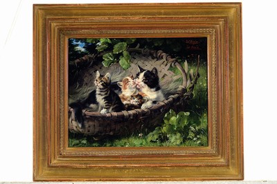 26763477k - Julius Adam II., 1852-1913 Munich, cat with three kittens in a wicker basket, oil/canvas, right above 2x signed, approx. 22x27cm, on theback titled: Mother's Love, frame approx. 32x38cm, Julius Adam was born into a family ofartists as the grandson of the horse painter Albrecht Adam and the son of Julius Adam. Since the mid-1880s he has painted almost exclusively cats, which earned him the nickname Katzenraffael or also Katzenadam
