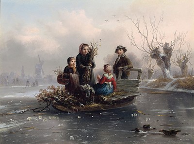 Image 26763480 - Alexis de Leeuw, 1822-1900, children with sleigh collecting brushwood on frozen water, the Netherlands, oil/wood, signed lower right,approx. 22x30cm, frame approx. 32.5x43.5cm