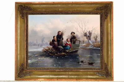 26763480k - Alexis de Leeuw, 1822-1900, children with sleigh collecting brushwood on frozen water, the Netherlands, oil/wood, signed lower right,approx. 22x30cm, frame approx. 32.5x43.5cm