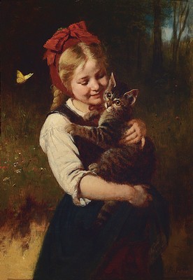 Image 26763481 - Rudolf Epp, 1834 Eberbach-1910 Munich, girl with cat and butterfly, oil/wood (painting board slightly curved), signed lower right, approx. 37x26cm, frame approx. 53x41cm, Epp studied at the Akademie Karlsruhe with J.W. Schirmer and Ludwig des Coudres, went to Munich in 1863, where he quickly became an internationally sought-after painter thanks tohis fine genre paintings