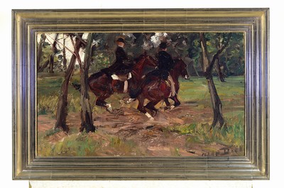 26763483k - Otto Dill, 1884 Neustadt/Wstr.-1957 Bad Dürkheim, riding couple in forest, oil/canvas,created in the 1920s, signed lower right, approx. 45x75cm, silver-plated fluted frame approx. 59x89cm