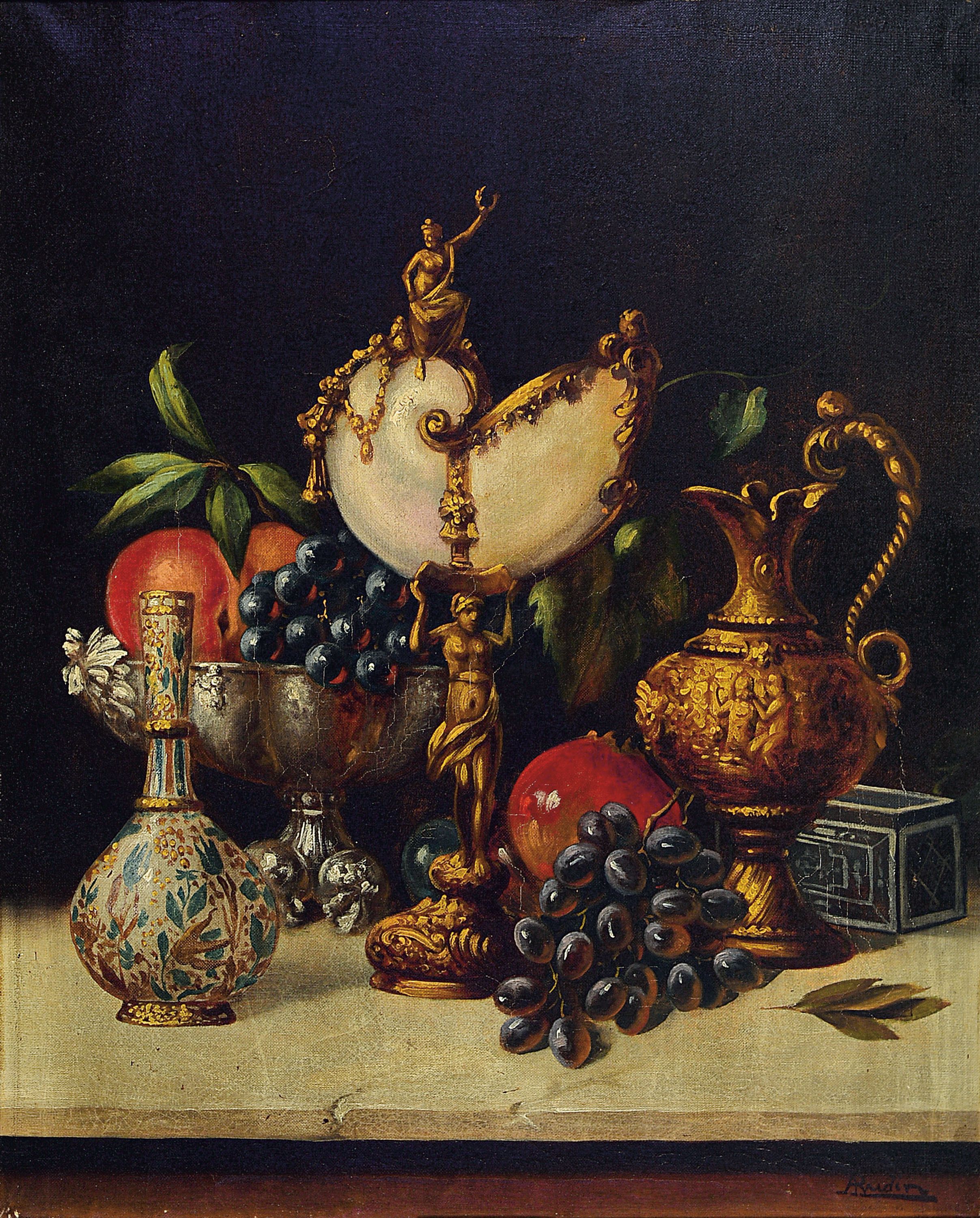 A. Rudin, Künstler der 2. Hälfte des 19. Jh., Paar Pendants: Üppige Tischstillleben mit Gefäßen, Nautiluspokal und Obst, Öl/Lwd, rechts unten ...