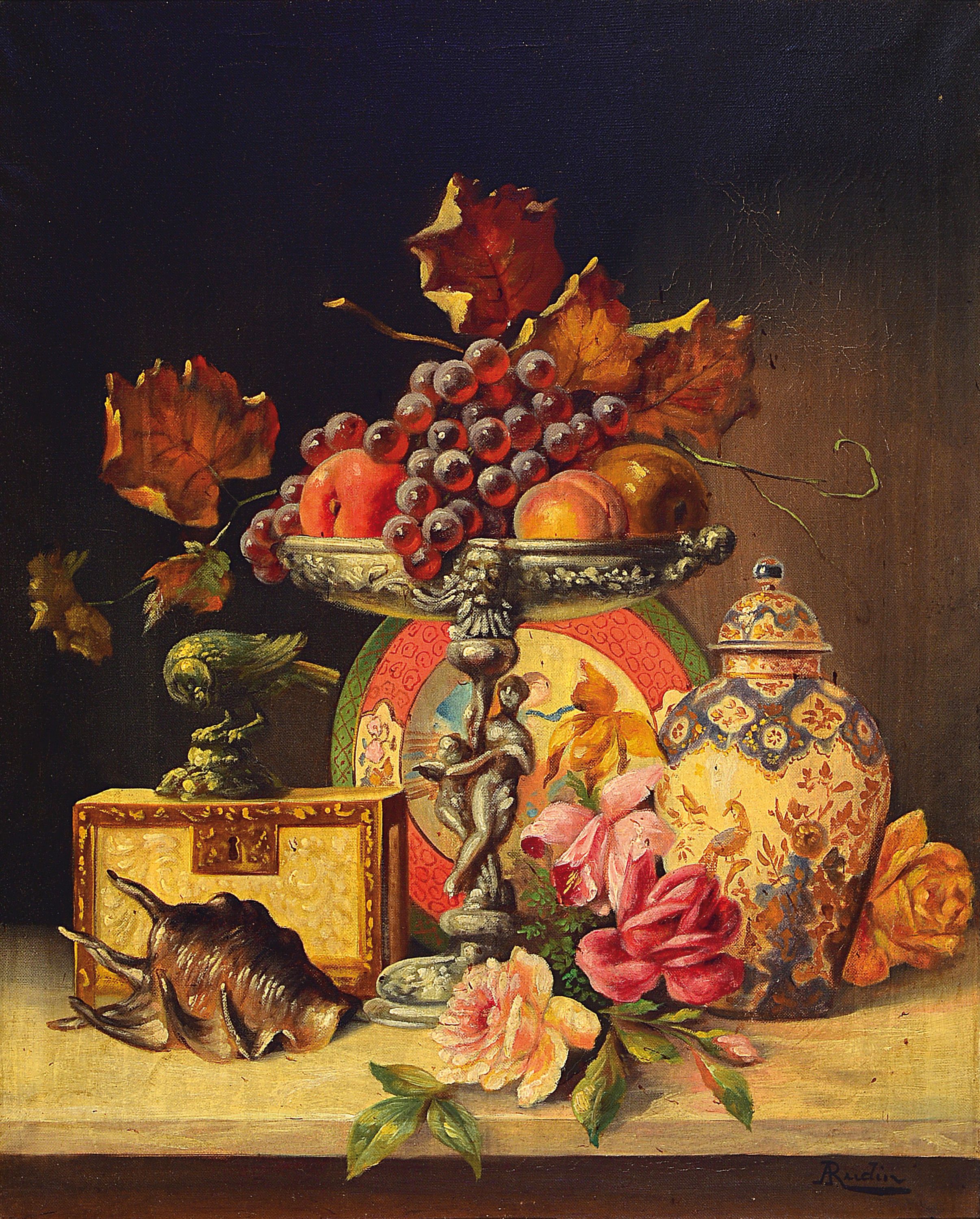 Detail a: A. Rudin, Künstler der 2. Hälfte des 19. Jh., Paar Pendants: Üppige Tischstillleben mit Gefäßen, Nautiluspokal und Obst, Öl/Lwd, rechts unten ...