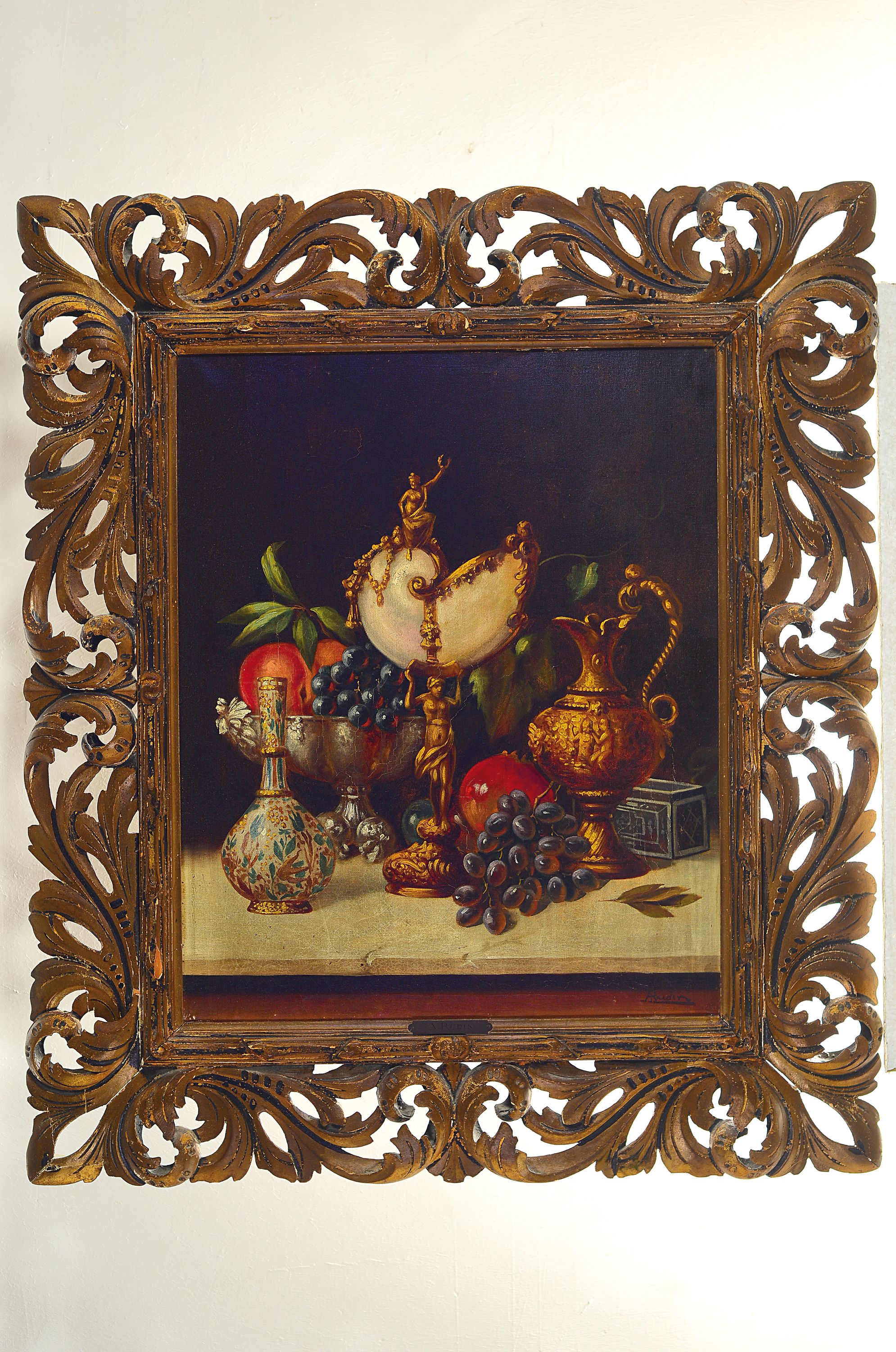Detail k: A. Rudin, Künstler der 2. Hälfte des 19. Jh., Paar Pendants: Üppige Tischstillleben mit Gefäßen, Nautiluspokal und Obst, Öl/Lwd, rechts unten ...