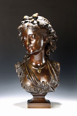Image 26764495 - Large bronze bust by Eugène Antoine Aizelin, 1821-1902, bust of a young woman with a hood and a lace-trimmed neckline, lowered gaze, signed on the side, height approx. 60cm