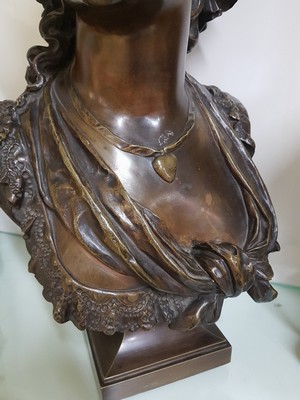 26764495b - Large bronze bust by Eugène Antoine Aizelin, 1821-1902, bust of a young woman with a hood and a lace-trimmed neckline, lowered gaze, signed on the side, height approx. 60cm