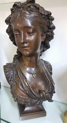 26764495c - Large bronze bust by Eugène Antoine Aizelin, 1821-1902, bust of a young woman with a hood and a lace-trimmed neckline, lowered gaze, signed on the side, height approx. 60cm