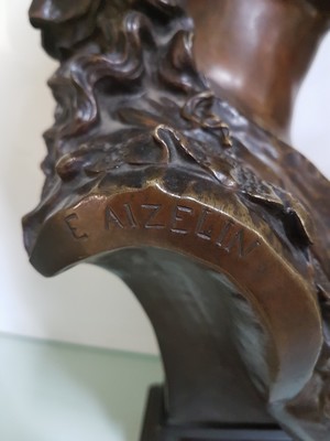 26764495f - Large bronze bust by Eugène Antoine Aizelin, 1821-1902, bust of a young woman with a hood and a lace-trimmed neckline, lowered gaze, signed on the side, height approx. 60cm