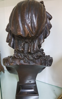 26764495h - Large bronze bust by Eugène Antoine Aizelin, 1821-1902, bust of a young woman with a hood and a lace-trimmed neckline, lowered gaze, signed on the side, height approx. 60cm