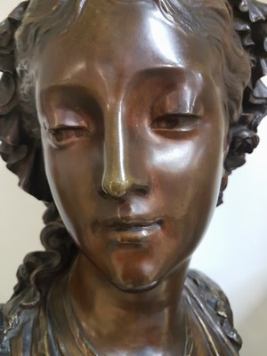 26764495m - Large bronze bust by Eugène Antoine Aizelin, 1821-1902, bust of a young woman with a hood and a lace-trimmed neckline, lowered gaze, signed on the side, height approx. 60cm