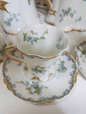 26764500d - Coffee service, Havilan Limoges, around 1900, thin-walled porcelain with gold decoration and forget-me-not decoration, jug, sugar bowl, milk jug, 8 cups 6.5cm with saucers, traces of age and usage