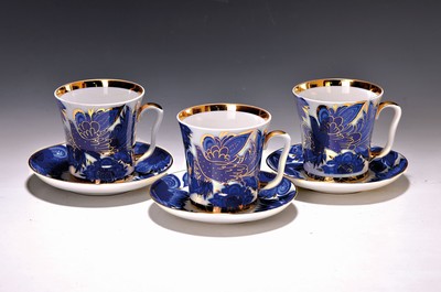 Image 26764501 - 5 cups with saucers, Lomonossov St. Petersburg, cobalt blue decor of birds and flowers, gold decoration, height approx. 9.5cm