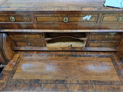 26764538a - Secretary, Louis-Seize, France, around 1780, walnut veneer, partly walnut root, 2 drawers at the bottom, one drawer and 2 blind drawers, roller flap with pull-out writing board, interior division with another 4 drawers, brass fittings, approx. 116x113x52 cm, condition 2-3