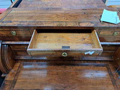 26764538c - Secretary, Louis-Seize, France, around 1780, walnut veneer, partly walnut root, 2 drawers at the bottom, one drawer and 2 blind drawers, roller flap with pull-out writing board, interior division with another 4 drawers, brass fittings, approx. 116x113x52 cm, condition 2-3