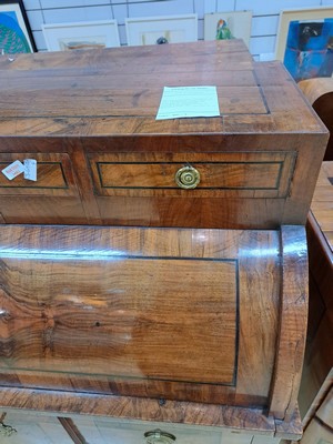 26764538l - Secretary, Louis-Seize, France, around 1780, walnut veneer, partly walnut root, 2 drawers at the bottom, one drawer and 2 blind drawers, roller flap with pull-out writing board, interior division with another 4 drawers, brass fittings, approx. 116x113x52 cm, condition 2-3