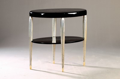 Image 26764543 - Side table, Art Deco, around 1930, painted black, fluted legs in silver, lower shelf, approx. 70x69x44 cm, condition 2-3