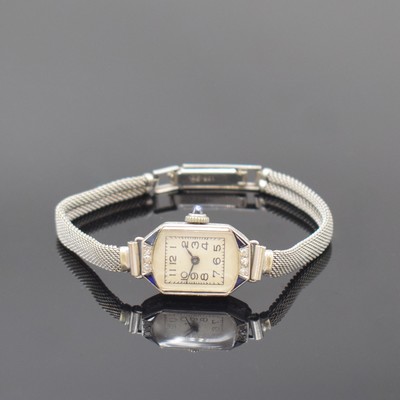 Image 26764811 - Art Deco diamonds set platinum wristwatch, Switzerland around 1930, manual winding, case floral engraved, hinge case back dent, jeweled crown, silvered dial with Arabic numerals, blackened hands, calibre AS 1051, 15 jewels, needs to be overhauled, condition 3