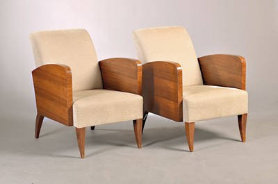 Image 26765059 - Pair of armchairs, Art Deco, around 1930, frame made of walnut, backrest and seat upholstered and covered, slightly stained, height approx. 78 cm, sh. approx. 38 cm, condition 2-3