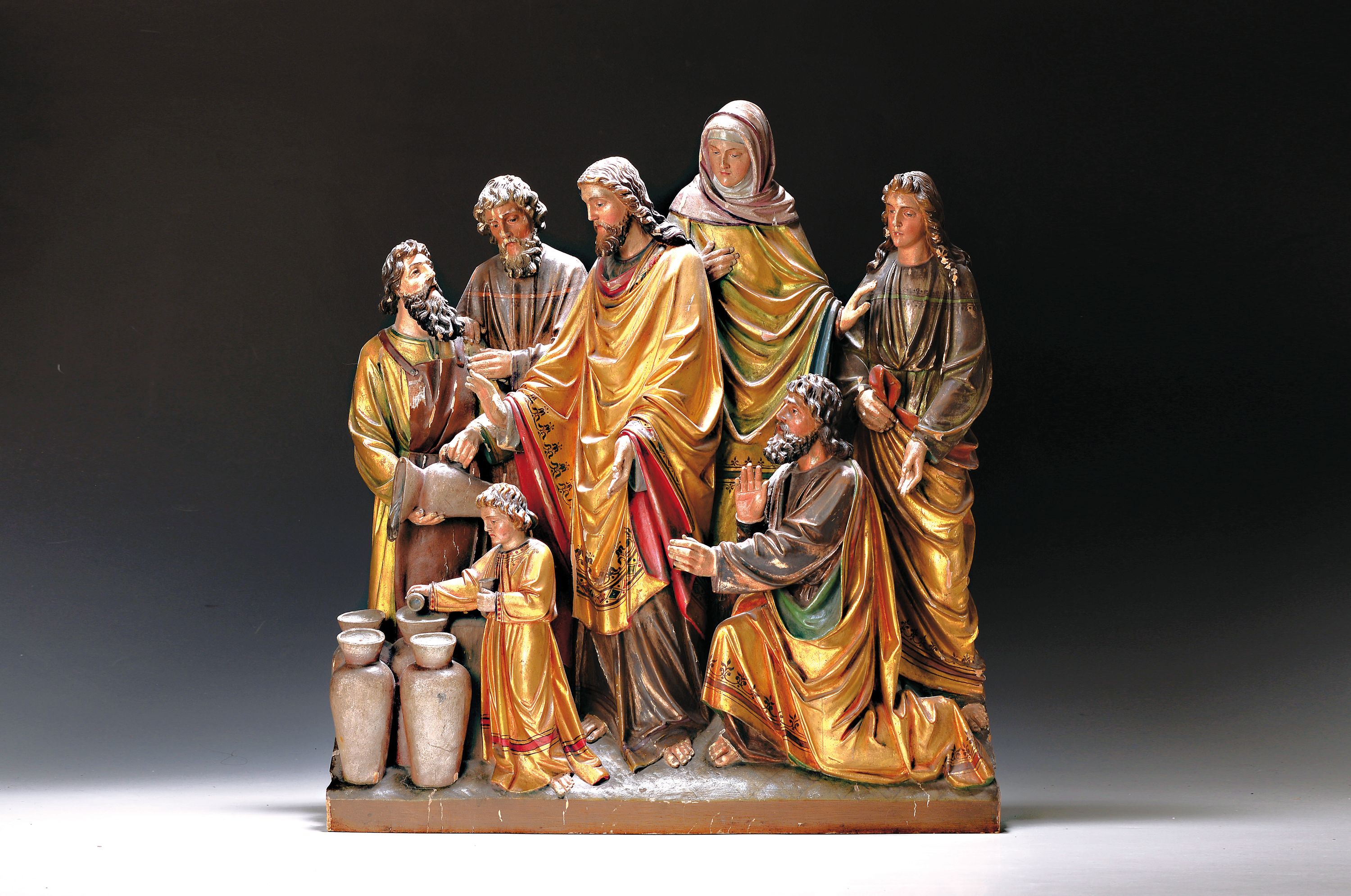 Bildschnitzerei/Relief, wohl süddeutsch, um 1900, Hochzeit zu Kanaan, bunt gefasst, leichte Altersschäden, ca. 62 x 56 cm