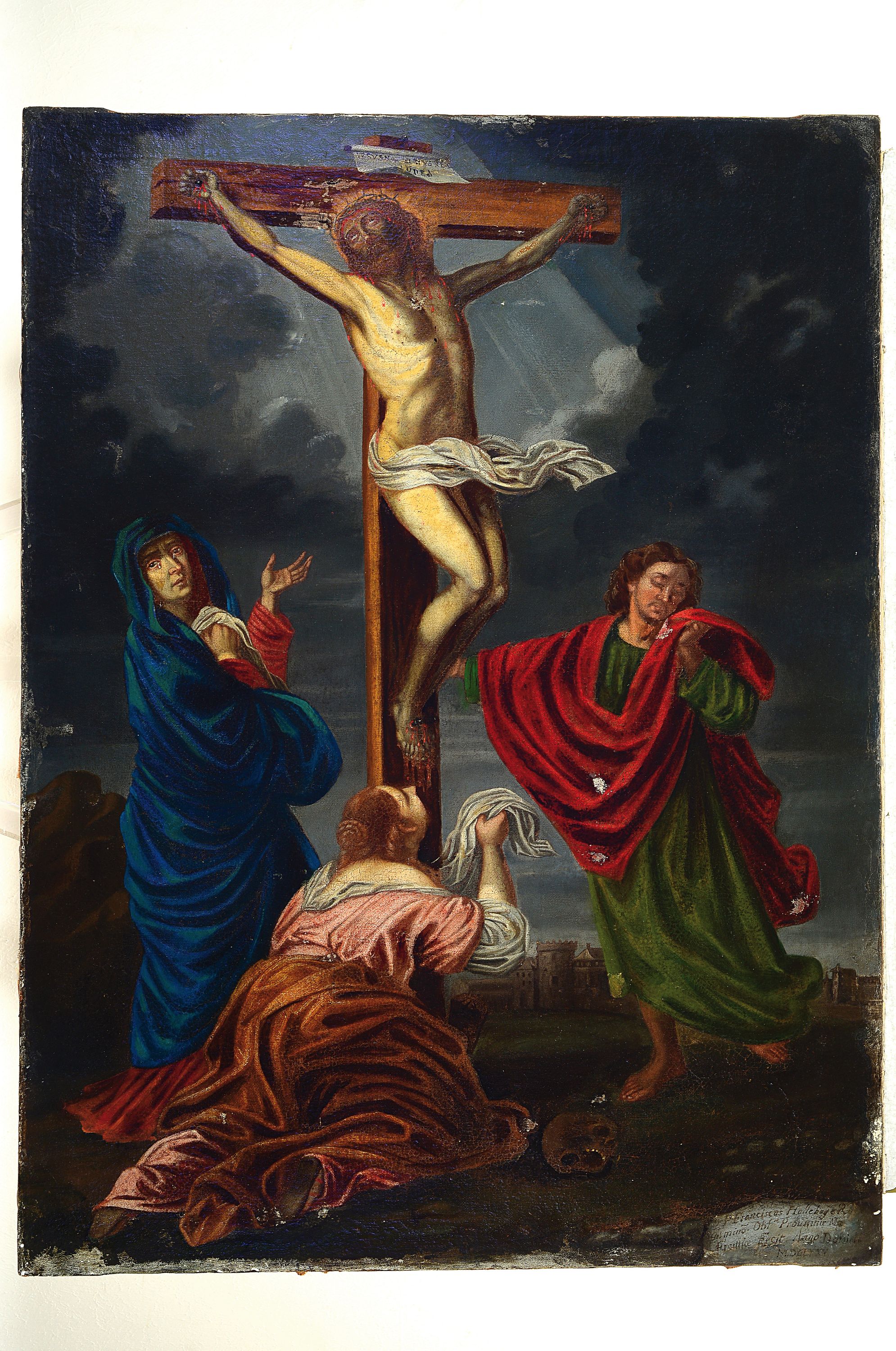 Detail k: Unbekannter Meister des 17.Jh., datiert 1675 , Kreuzigung, restauriert und Oberflächenschäden, rechts unten schwer leserlich signiert und datiert ...