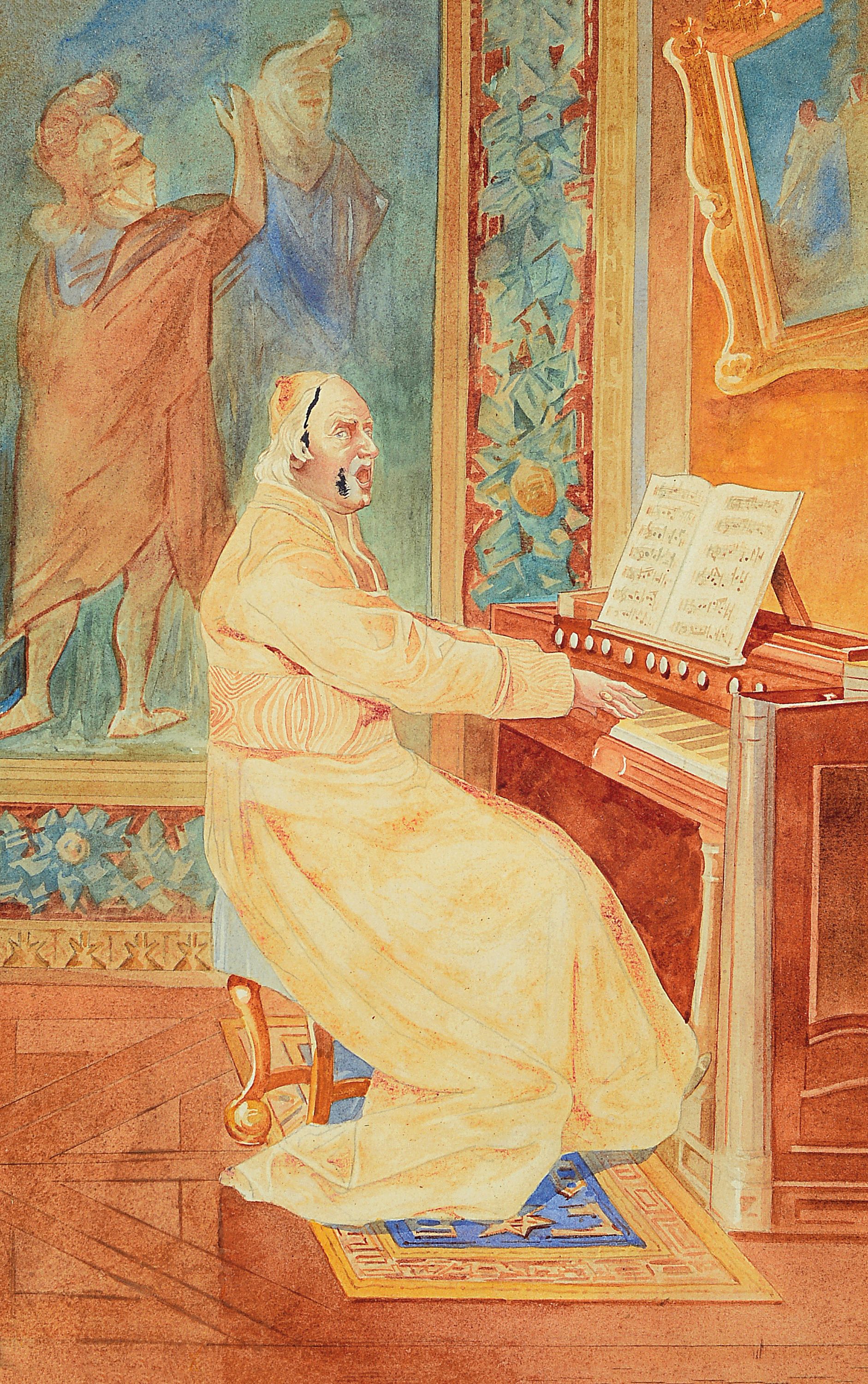 Alfred Weber, 1859 - 1931, herrschaftliches Interieur, Kardinal am Harmonium, Aquarell/Papier, rechts unter schwer lesbar signiert, ca. 38x25 cm, ...