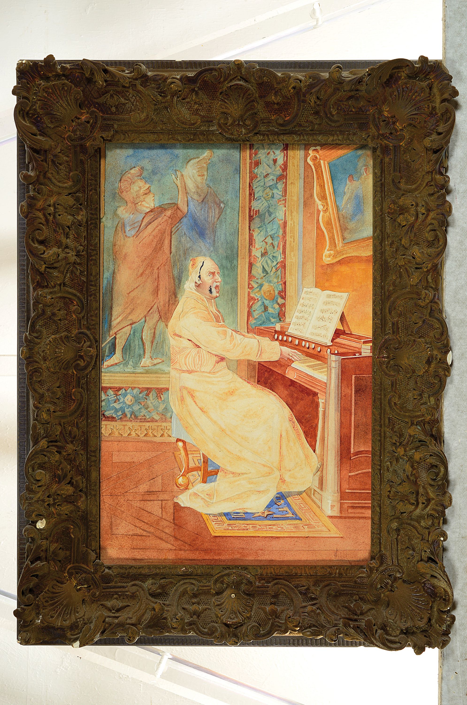Detail k: Alfred Weber, 1859 - 1931, herrschaftliches Interieur, Kardinal am Harmonium, Aquarell/Papier, rechts unter schwer lesbar signiert, ca. 38x25 cm, ...