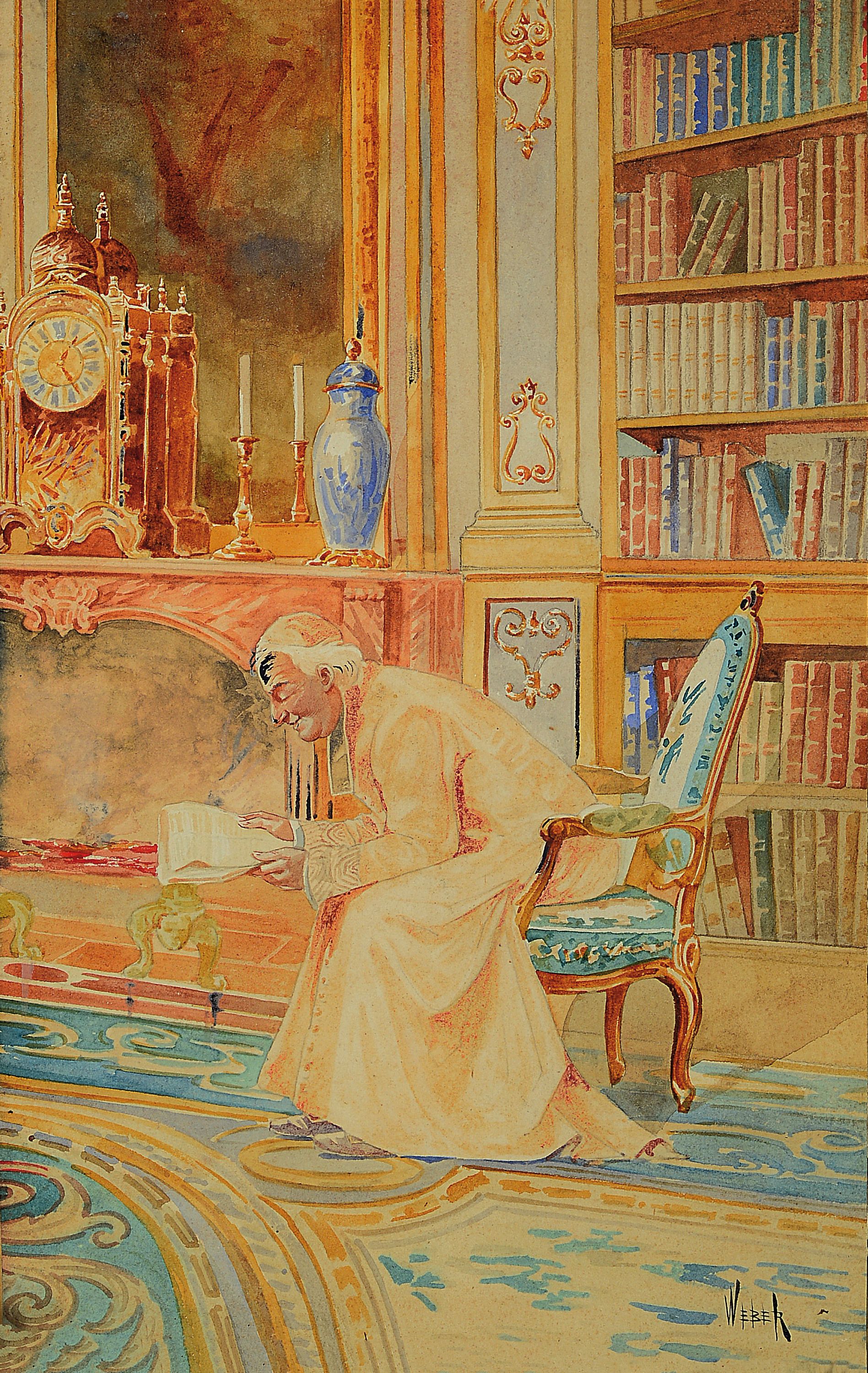 Alfred Weber, 1859 - 1931, herrschaftliches Bibliotheks-Interieur, Kardinal beim Lesen, Aquarell/Papier, rechts unten signiert, ca. 37x24 cm, ...